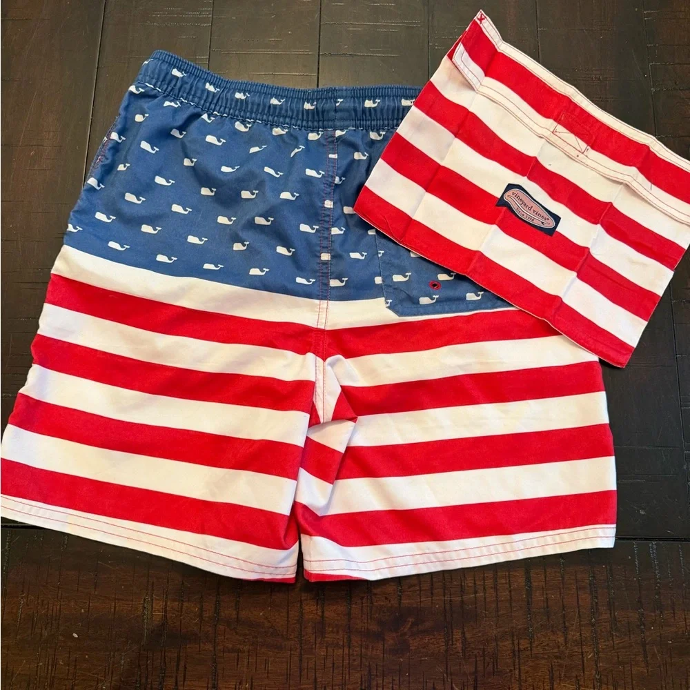 Vineyard Vines Red, White & Blue Whale Stripe Swim Shorts - Boys M (12-14)